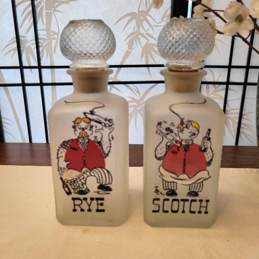 Vintage MCM Set of 2 Gay Fad Decanters - Rye & Scotch